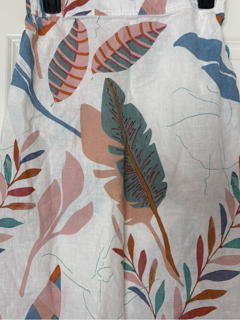 White Floral Linen Blend Midi Skirt with Blue and Coral Leaves - Picture 3 of 7
